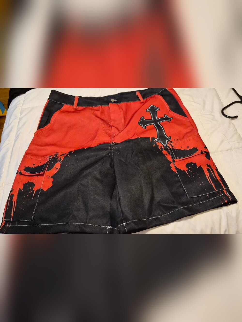Men's Red and Black Cross Graphic Cargo Shorts